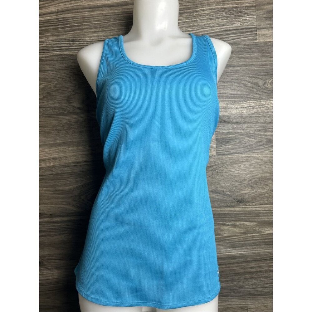 Under Armour Top Women Large Blue Ribbed Heat Gear Fitted Tank Active Sport Gym